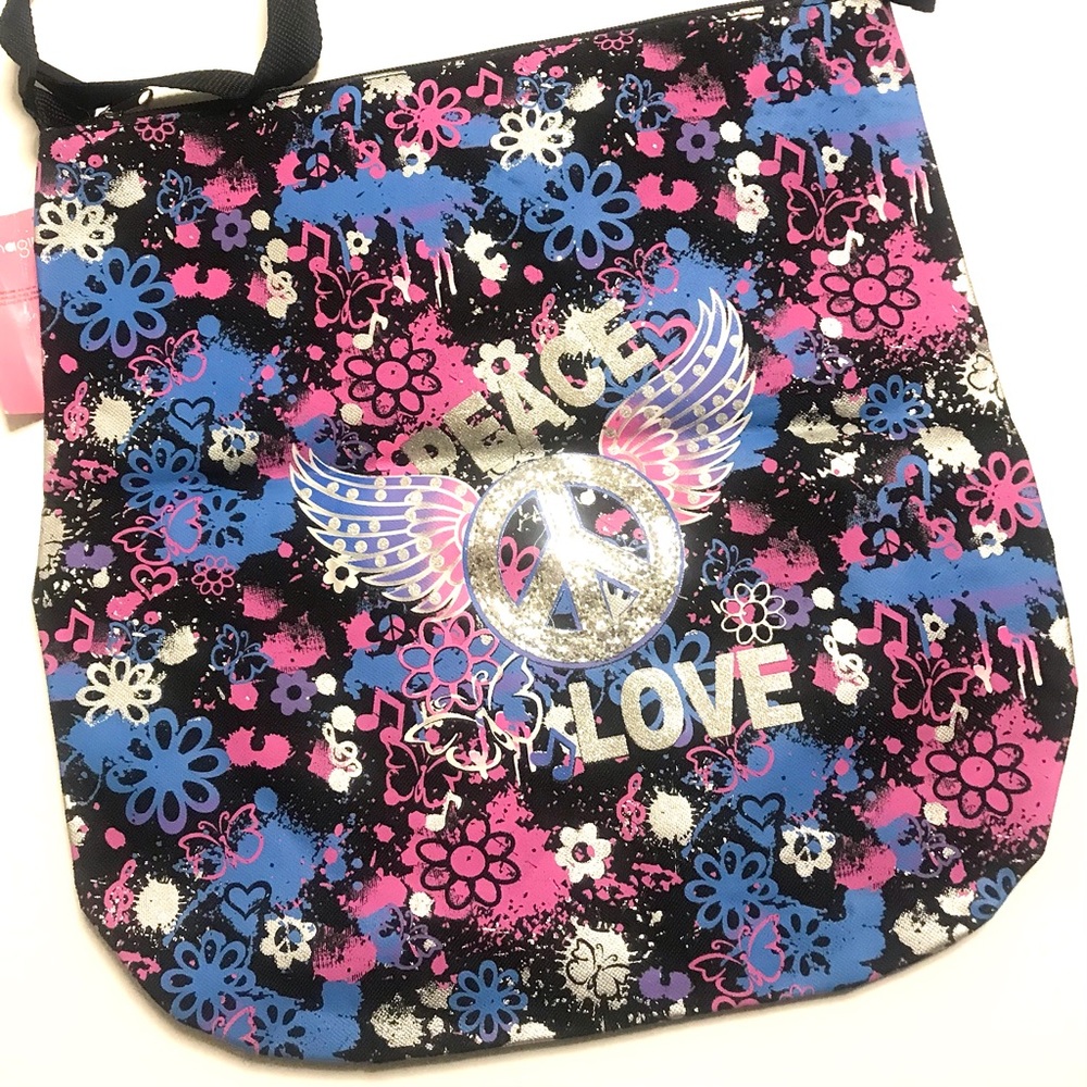Imaginations Adjustable Strap Peace Love and Flowers Canvas Crossbody Bag